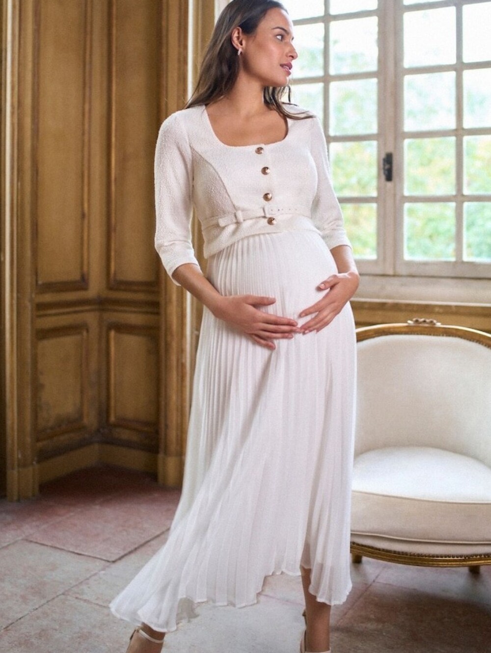 Seraphine White Ivory Maternity Bridal Dress Tweed pleated midi women's sz 6 NWT